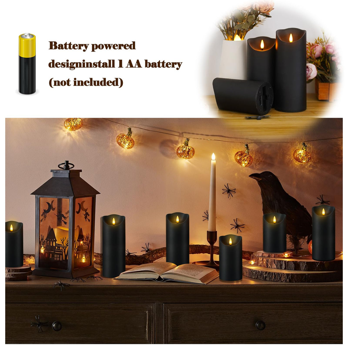 Fo32won Flameless Flickering Candles with Remote Timer, Set of 6 Led Black Battery Operated Candles for Home Decor Xmas Halloween (D3 x H3 3" 4" 5" 6" 7")