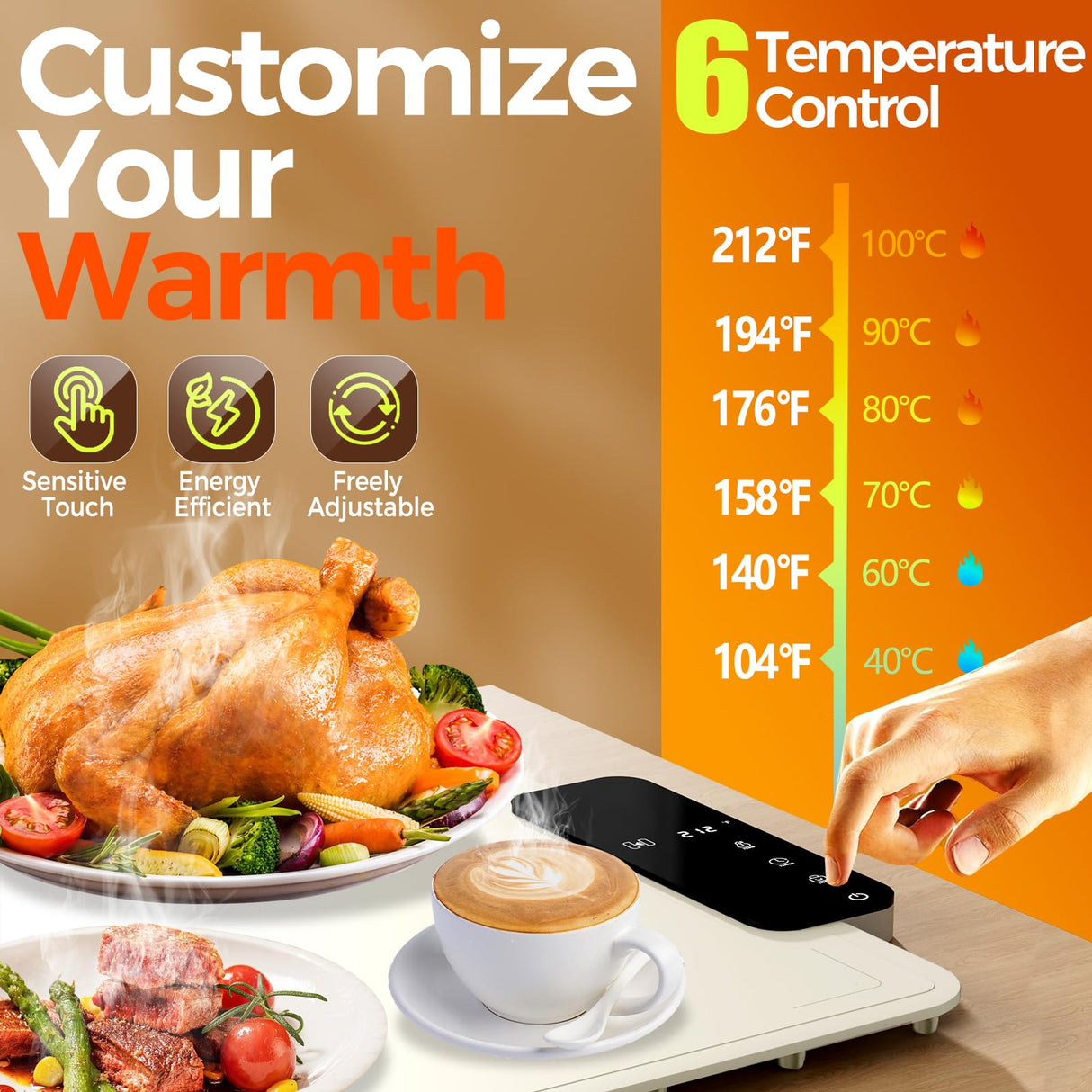 Warming Mat for Food | Dishwasher Friendly,Full-Surface Food Warmer with 6-Mode Adjustable and Timer,Roll-Up & Portable Silicone Food Heating Pad with Child Lock,Electric Warming Tray for Buffet Party