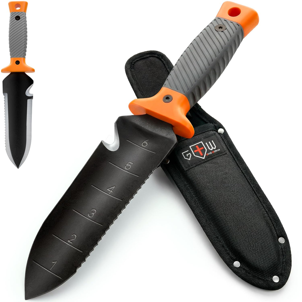Hori Hori Garden Knife 7" with Sheath – Heavy Duty Stainless Steel Multi-Purpose Tool for Weeding, Digging & Planting, Serrated & Straight Full-Tang Blade, Non-Slip Rubber Handle with Safety Guard