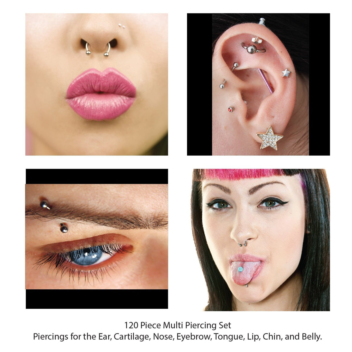BodyJ4You 120PC Body Piercing Random Jewelry Kit - CBR BCR Rings Barbells Studs Screws Curved Bars - Belly Button Cartilage Tragus Nose Septum Tongue - 14G 16G 18G Steel Bulk Mix