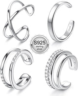 JeryWe 4 Pcs 925 Sterling Silver Ear Cuff for Women Non Piercing Adjustable Ear Cuff Earrings Clip On Cartilage Helix Wrap Ear Jewelry Set Sliver