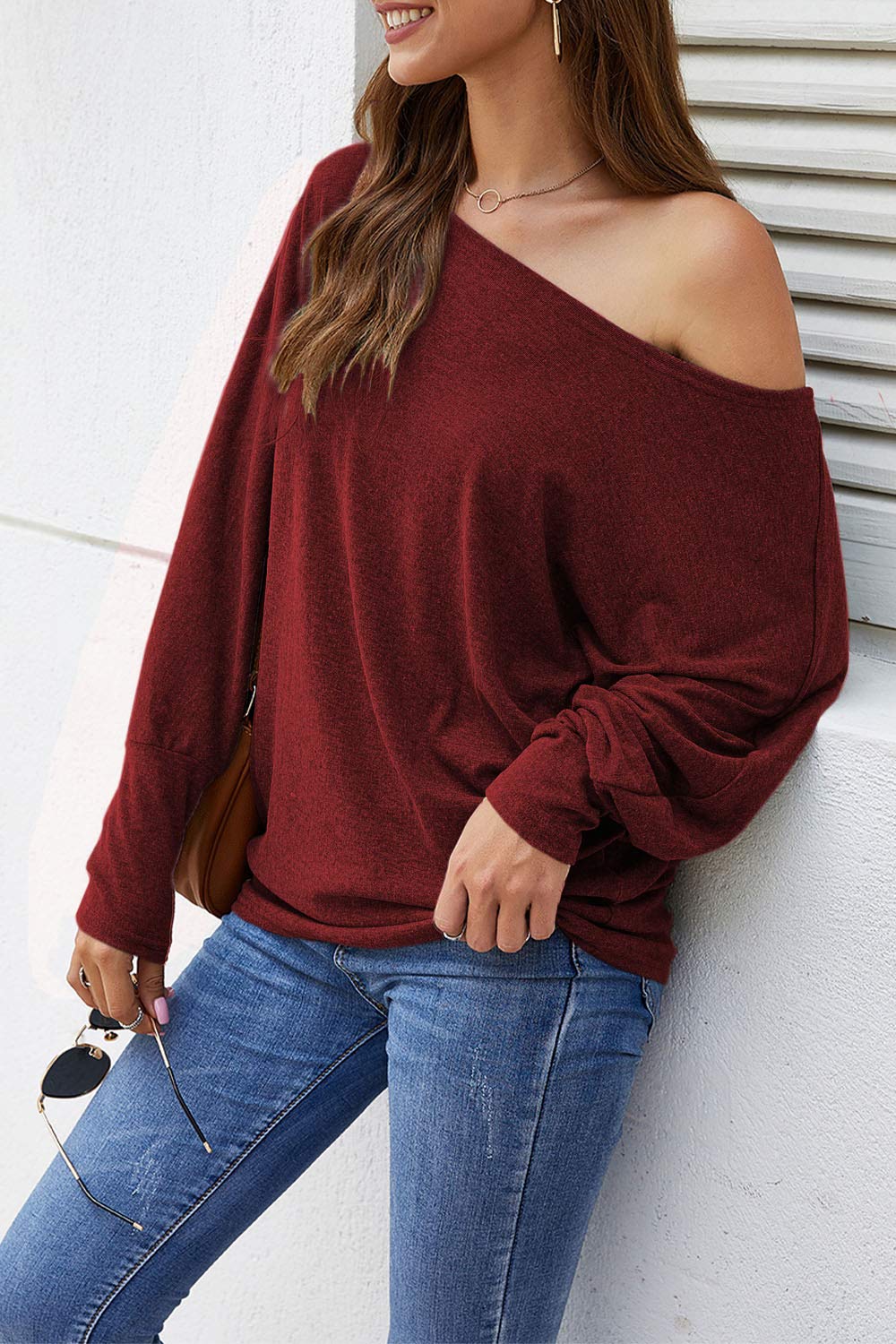Aifer Ladies Sweaters, Off The Shoulder Sweater Top, Oversized Red Christmas Sweater, Sexy Long Batwing Wine Red Trendy Pullover Sweatshirts 2025