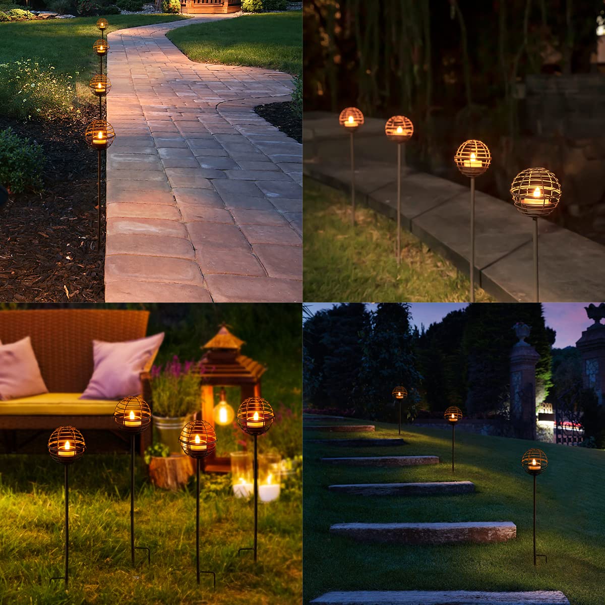 Solar Pathway Lights Outdoor, Rust Iron Ball Candle Holder Stake with Flickering Solar Powered Tea Lights, Perfect Decorative Garden Lighting for Yard Lawn Patio Landscape Decor Outside-4Pack