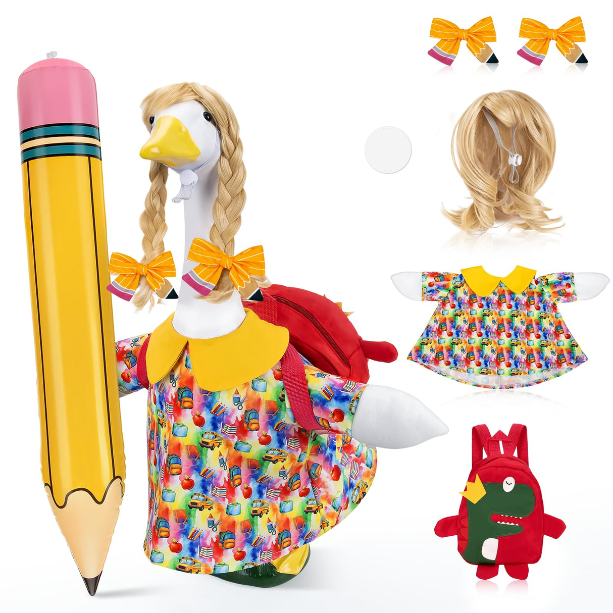 23" Back to School Porch Goose Outfit, Curly Wig (Statue not Included)