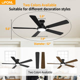 OPONL 52 Inch Black Ceiling Fan with Light, Remote Control, Low Profile, Noiseless, Reversible, Dimmable, Timeable, Metal Housing, Flush Mount Ceiling Fans with Lights for Bedroom, Indoor/Outdoor Use