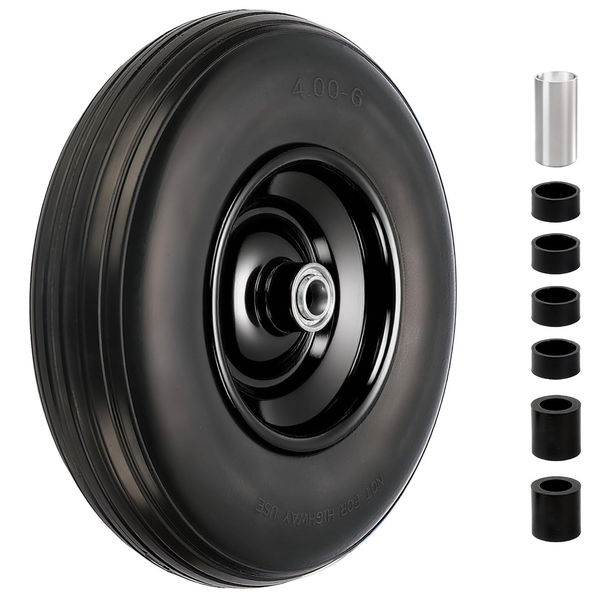 4.00-6 Flat Free Tire and Wheel, 13" Solid Wheelbarrow Tires, Adapter Kit