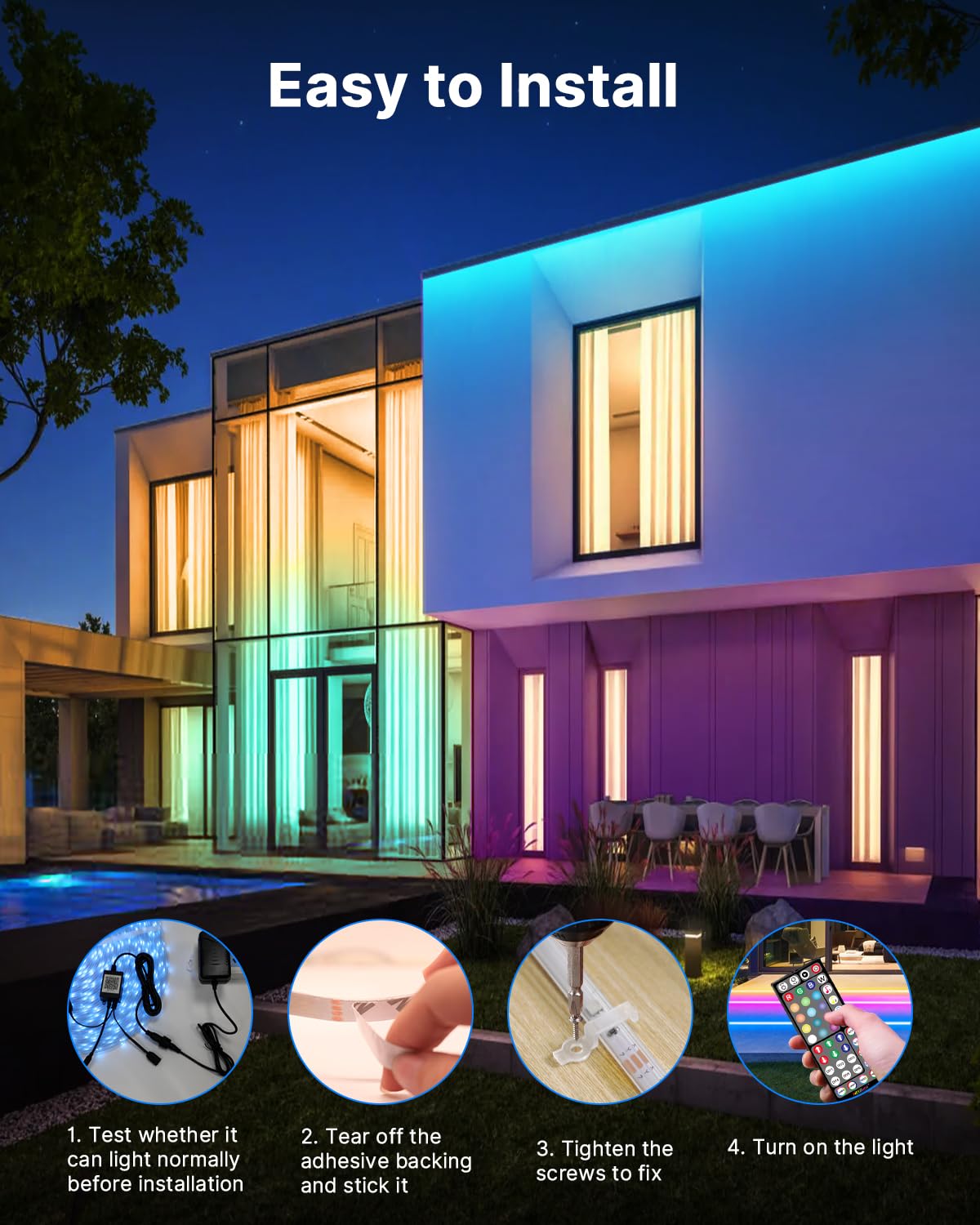 Fussion Outdoor LED Strip Lights Waterproof 100FT (2 Rolls of 50ft) IP67 LED Light Strips with Remote, RGB Color Changing Christmas House Rope Lighting for Outside