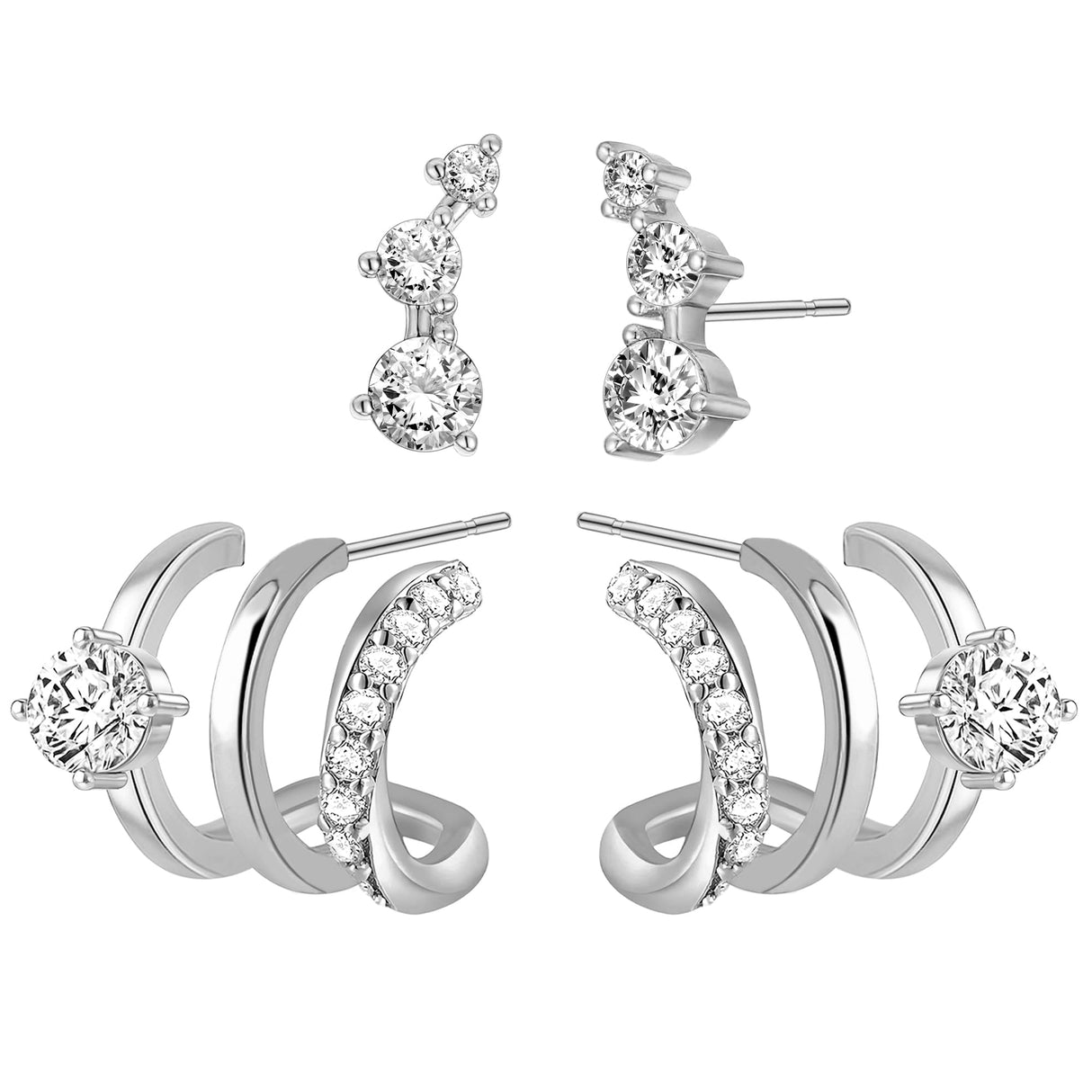 HAXIYA Sterling Silver Triple Hoop Earrings for Women Trendy Huggie Illusion Stud Earring Silver Plated Small Hoops Earrings 2 Set Unique Ear Cuff for One Hole