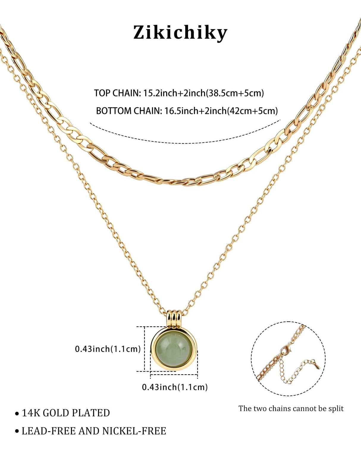 Zikichiky 14K Gold Plated Layered Necklaces for Women-Green Jade & Red Stone Pendant Figaro Chain Necklaces Non Tarnish, Stackable Choker Gemstone Jewelry Gifts