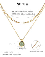 Zikichiky 14K Gold Plated Layered Necklaces for Women-Green Jade & Red Stone Pendant Figaro Chain Necklaces Non Tarnish, Stackable Choker Gemstone Jewelry Gifts