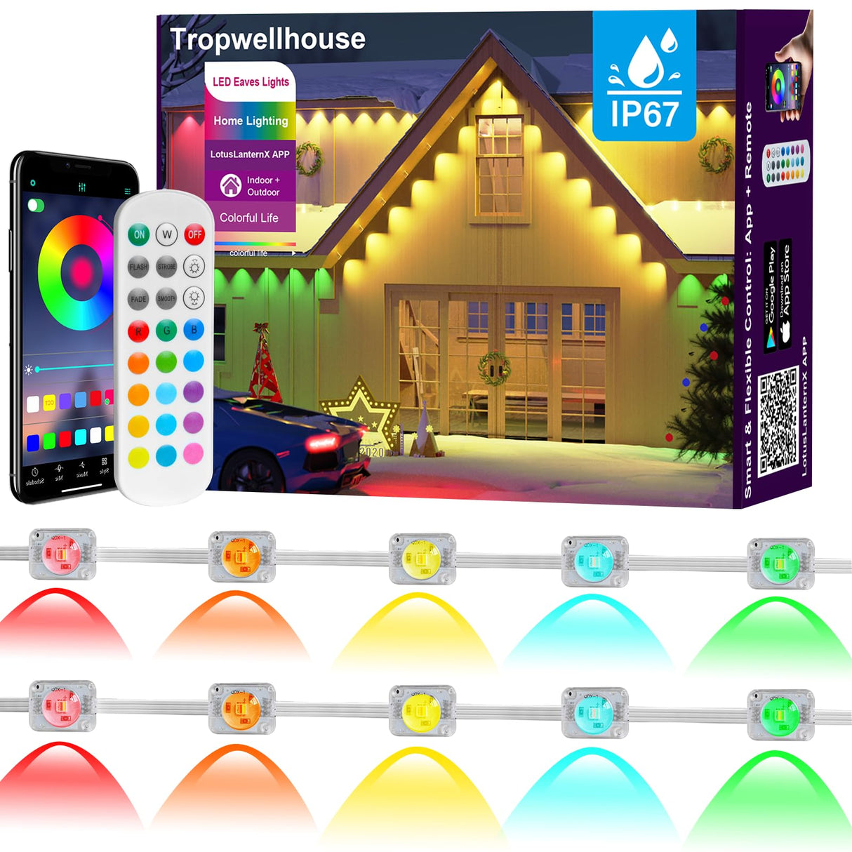 Tropwellhouse Permanent Outdoor Lights for House, 100ft RGB Smart LED Eave Lights with APP & Remote Control, IP67 Waterproof for Outdoor Decorations Including Halloween, Christmas, and Daily Lighting
