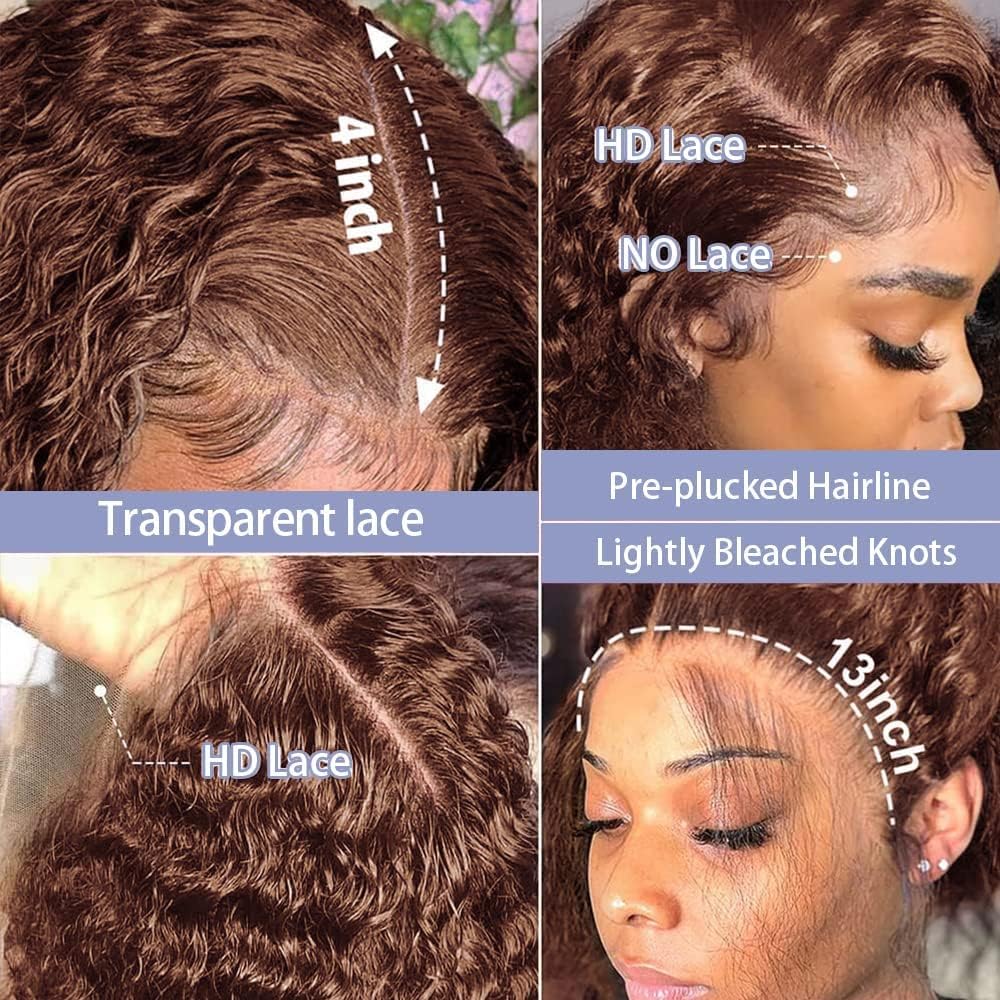 Chocolate Brown HD Lace Front Wigs Human Hair 180% Density 13x4 Water Curly Lace Front Wigs Human Hair Pre Plucked Glueless Wigs Human Hair for Black Women (20Inch, Brown)