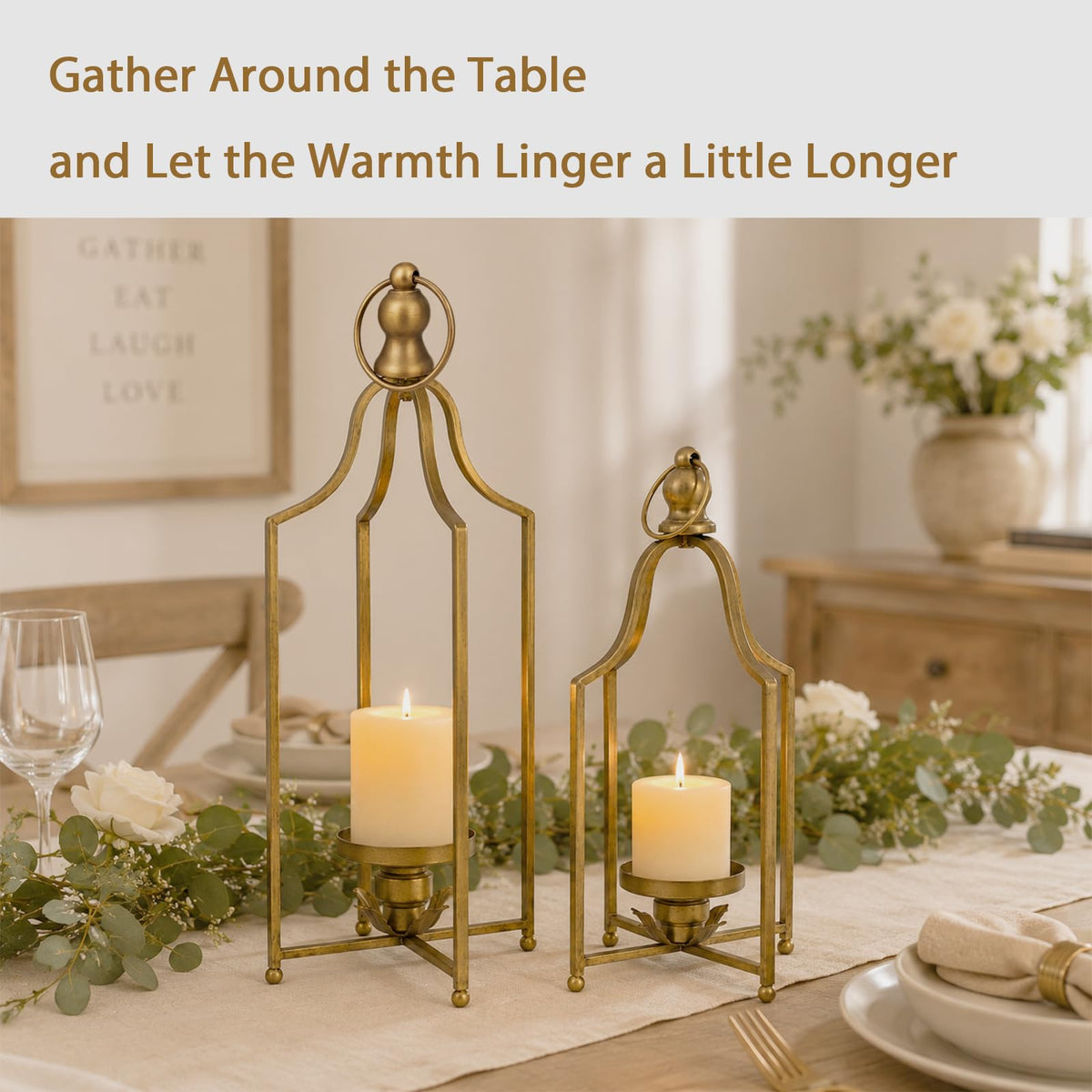 12.5" & 16.5" Timeless Cozy Decorative Lanterns Set of 2, Handcrafted Metal Iron Candle Holders, Farmhouse Elegance Fireplace Mantel Table Festive Gatherings Decor (Antique Gold)