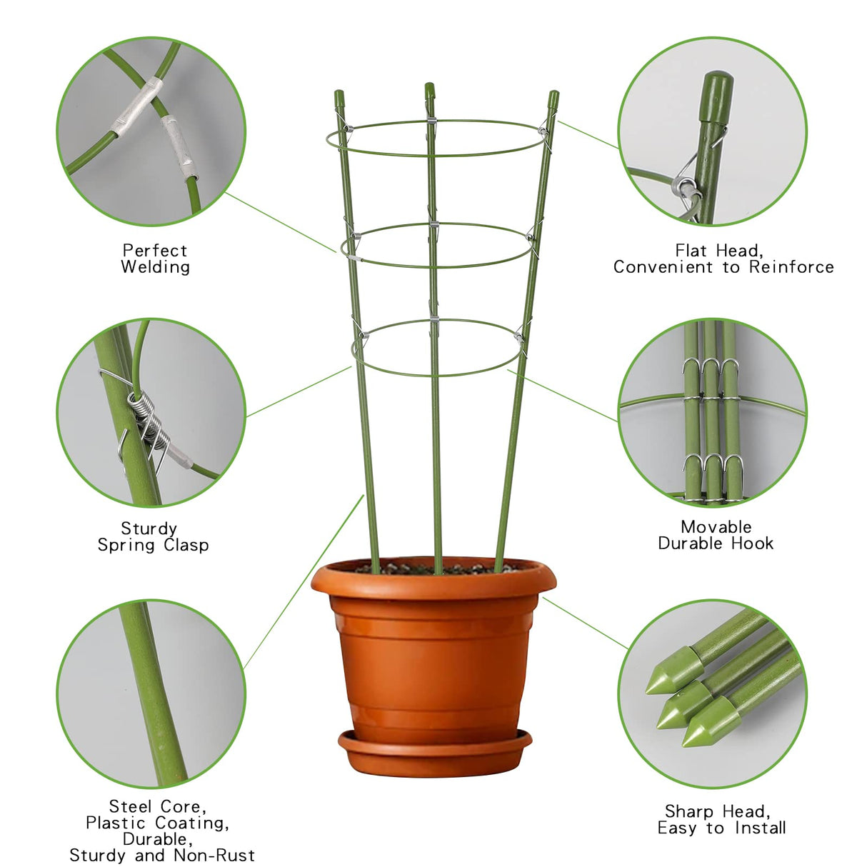 Garmeinea 6 Pack Plant Support Cages 18 Inches Small Tomato Cages and Supports with Adjustable Rings for Garden Pots, Climbing Plants, Bonus 98 Feet Twist Ties