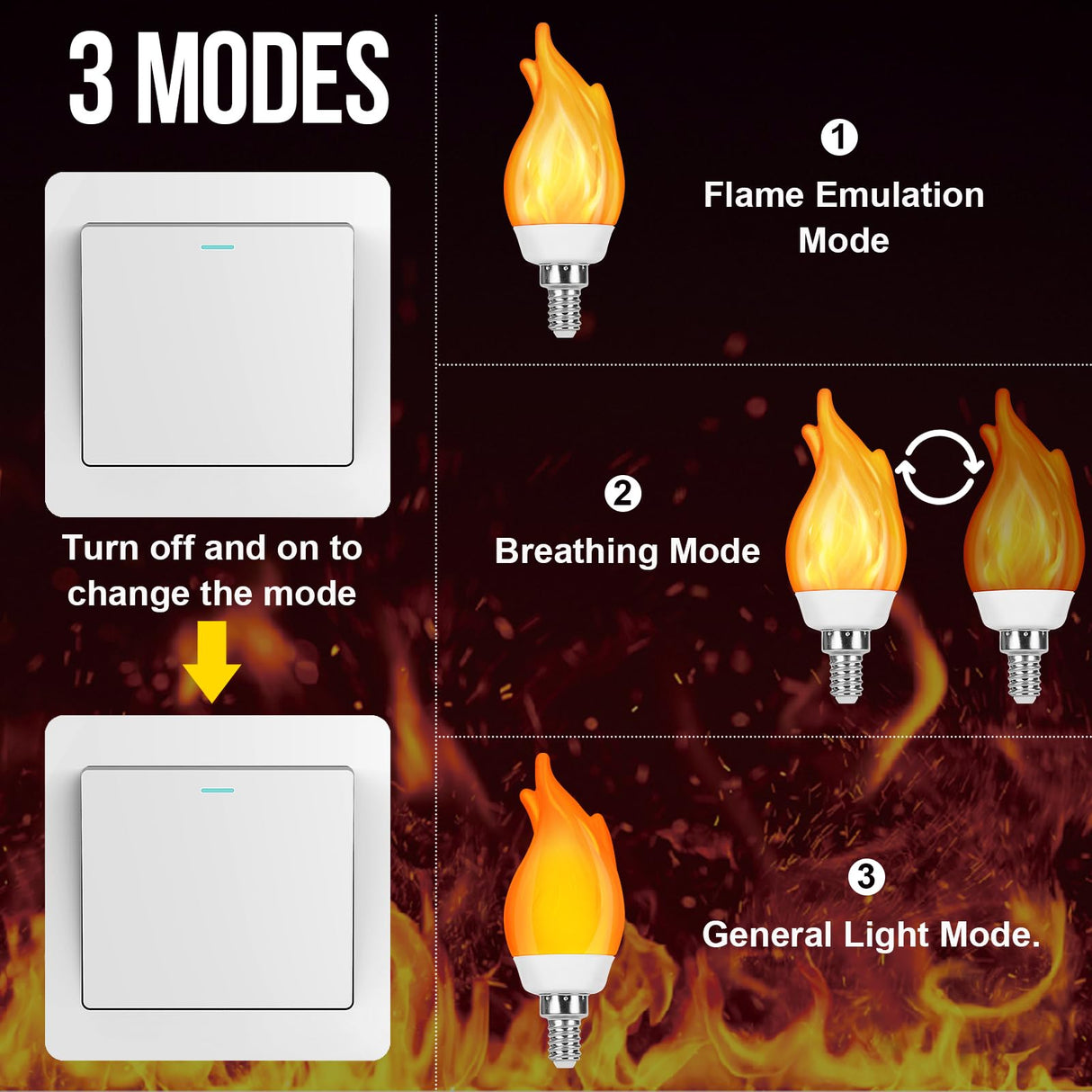 OHLGT Upgrade E12 Flame Bulbs 6 Pack, 3 Mode LED Candelabra 2.0 Watt Warm White Chandelier 1800k Candle Light Bulbs, Flame Tip for Christmas Party Decorations