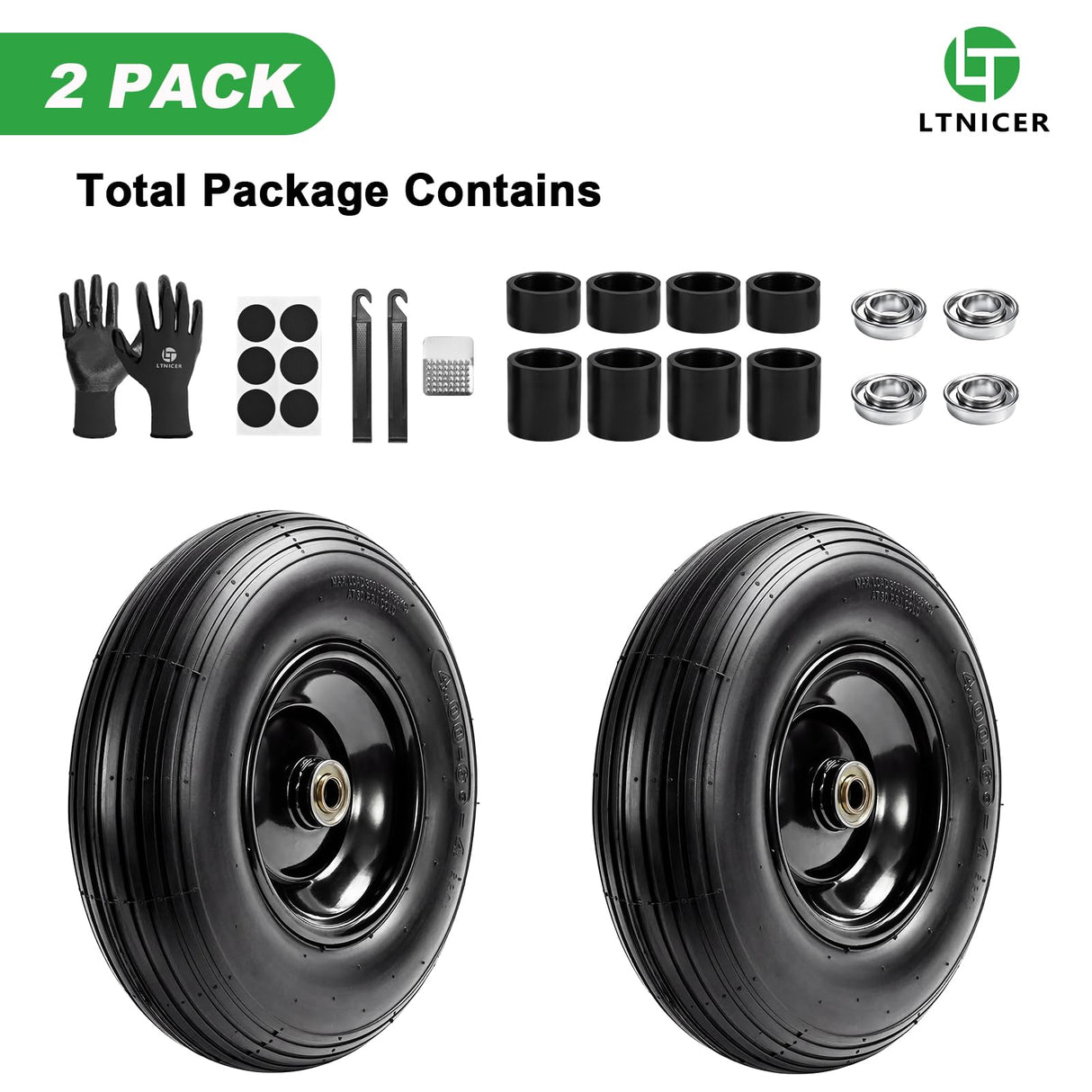 LTNICER (2-Pack) 4.00-6 Wheelbarrow Tires and Wheels, 13" Pneumatic Tire with 5/8" or 3/4" Bearings, Heavy Duty Replacement Wheel for Wheelbarrow, Garden Cart, Hand Truck