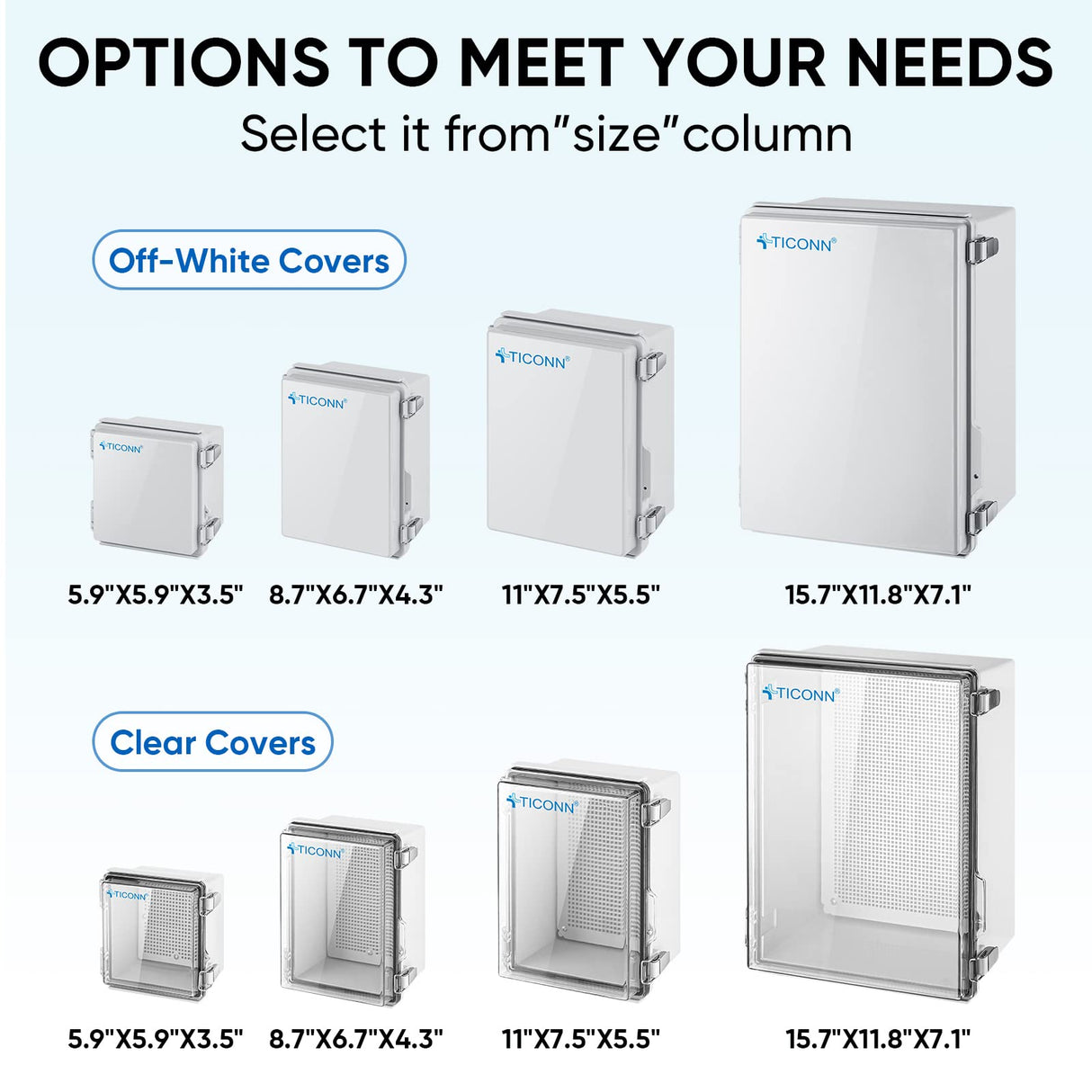 TICONN Outdoor Electrical Box Waterproof, Junction Box IP67 ABS Plastic Enclosure with Hinged Cover with Mounting Plate, Wall Brackets, Cable Glands (Clear, 8.7"x6.7"x4.3")