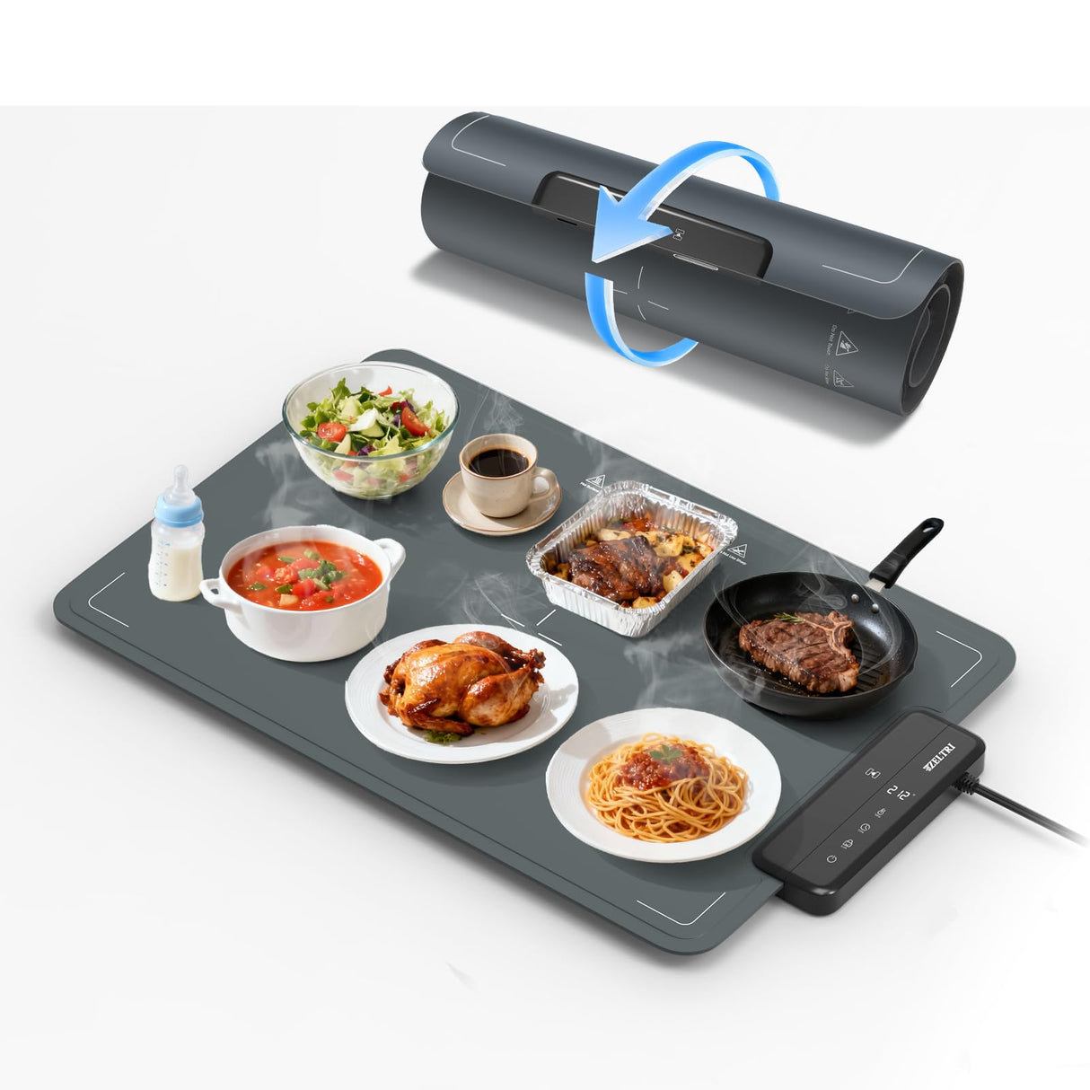 ZELTRI Food Warmer Mat Plug and Play-Large 24''X16'' Rapid Full Surface Heating, 6 Level Temp, 6 Hour Timer, Child Lock, Portable Warming Mat for Family Gatherings, Parties, Outdoor Camping