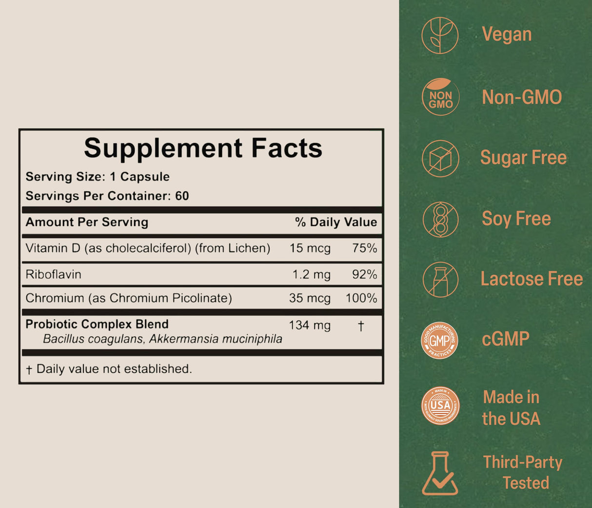 Akkermansia Probiotic for Healthy Weight | Naturally Increases GLP-1 | 60 Day Supply | Contains Bacillus Coagulans, Vitamins B2, D3 & Chromium | SIBO Friendly, Vegan & Gluten Free