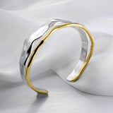 Desnuage Chunky Gold and Silver Cuff Bracelets Sterling Silver Two Tone Open Bangles Double Layer Irregular Wave Hammered Texture Bracelet for Women