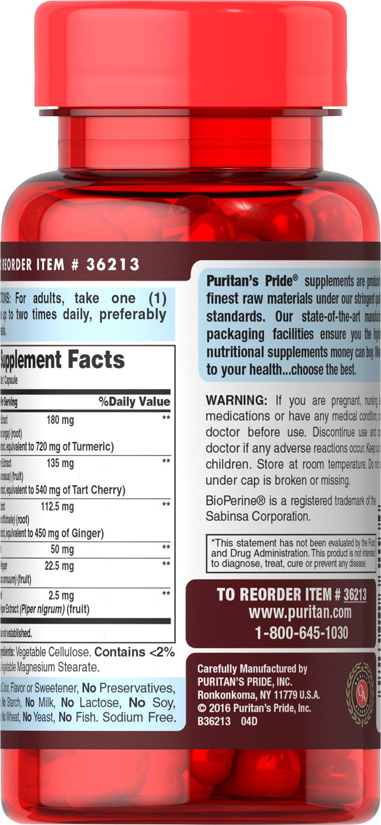Puritan's Pride Tart Cherry Turmeric Complex, Dietary Supplement for Antioxidant Health, 60 Rapid Release Capsules