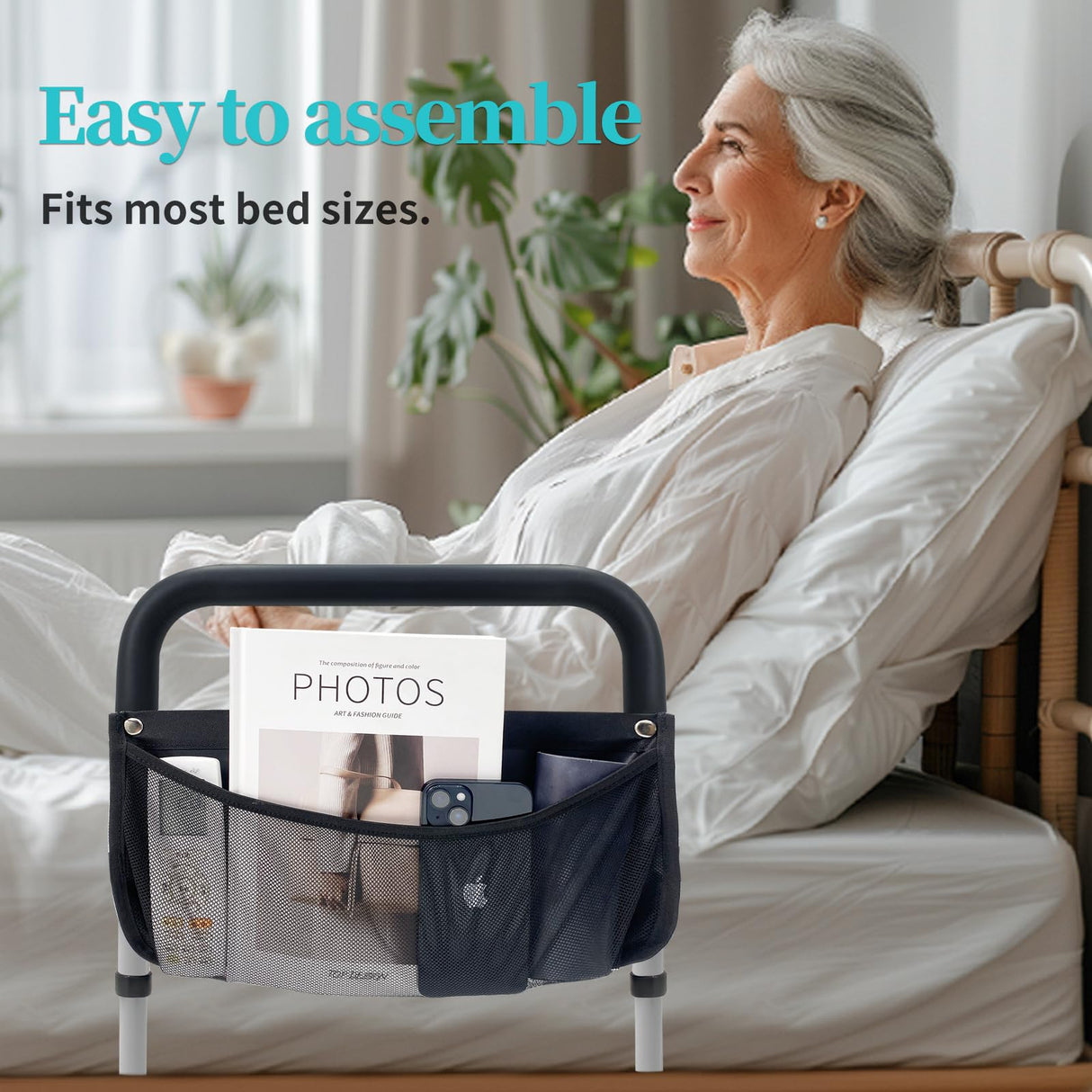 Bed Rails for Elderly Adults Safety with Adjustable Heights Storage Pocket Assist Support Side Railings for Seniors Citizens Slides Under Mattressbed Cane Bed Guard Bed Handles Bars (Grey)