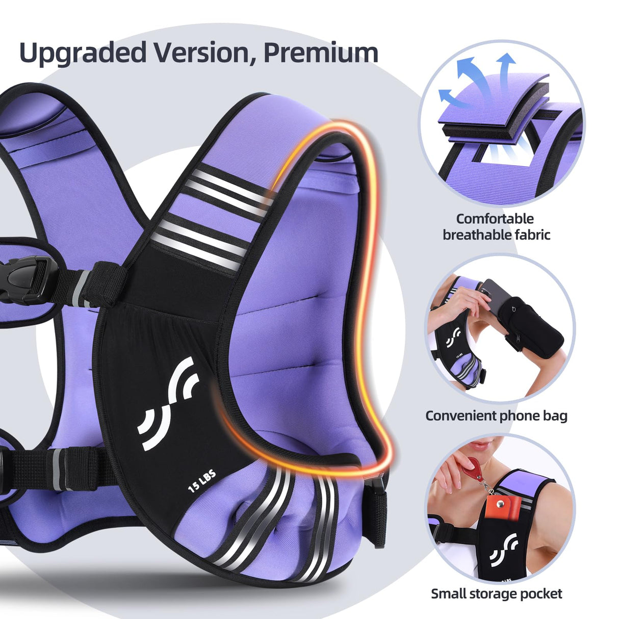 Weighted Vest for Men and Women: Sportneer 15lbs Weight Vest with Reflective Stripe Running Vest with Pocket for Workout Strength Training Fitness Muscle Building Weight Loss Weightlifting Purple