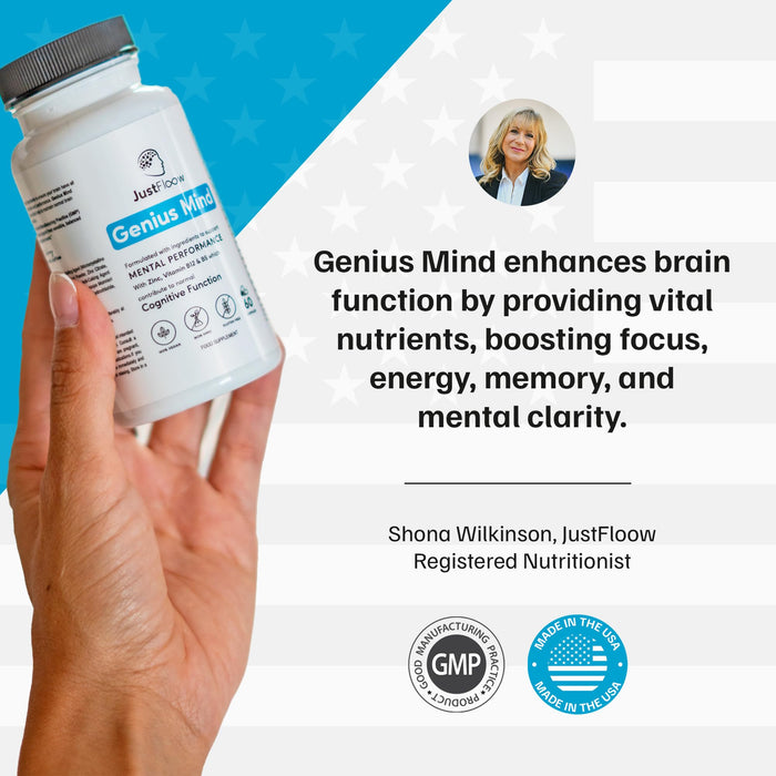 JustFloow Genius Mind® Nootropic Brain Supplement, Support Cognitive Function, Energy Levels, Focus & Memory Function - 17 Brain Boosting Ingredients Including Lions Mane, Bacopa, Ginkgo & Vitamin B12