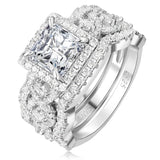RYANEE Princess Cut Cubic Zirconia Halo Promise Engagement Ring For Women in 925 Sterling Silver, Simulated Diamond 14k White Gold Plated CZ Stackable Rings For Her, Wedding Band Bridal Ring Set 6
