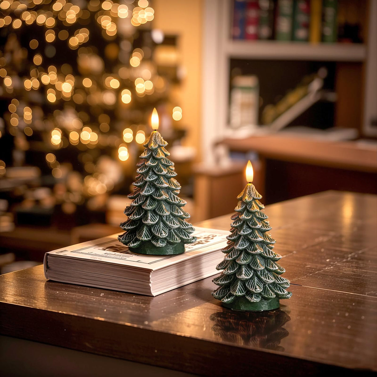 Homemory Christmas Tree Candles with 6 Hours Timer, 2 Pcs Waxy LED Flameless Candles Flickering, Green Electric Candles Battery Operated for New Year Celebration Holiday Decorations 8.5 Inches