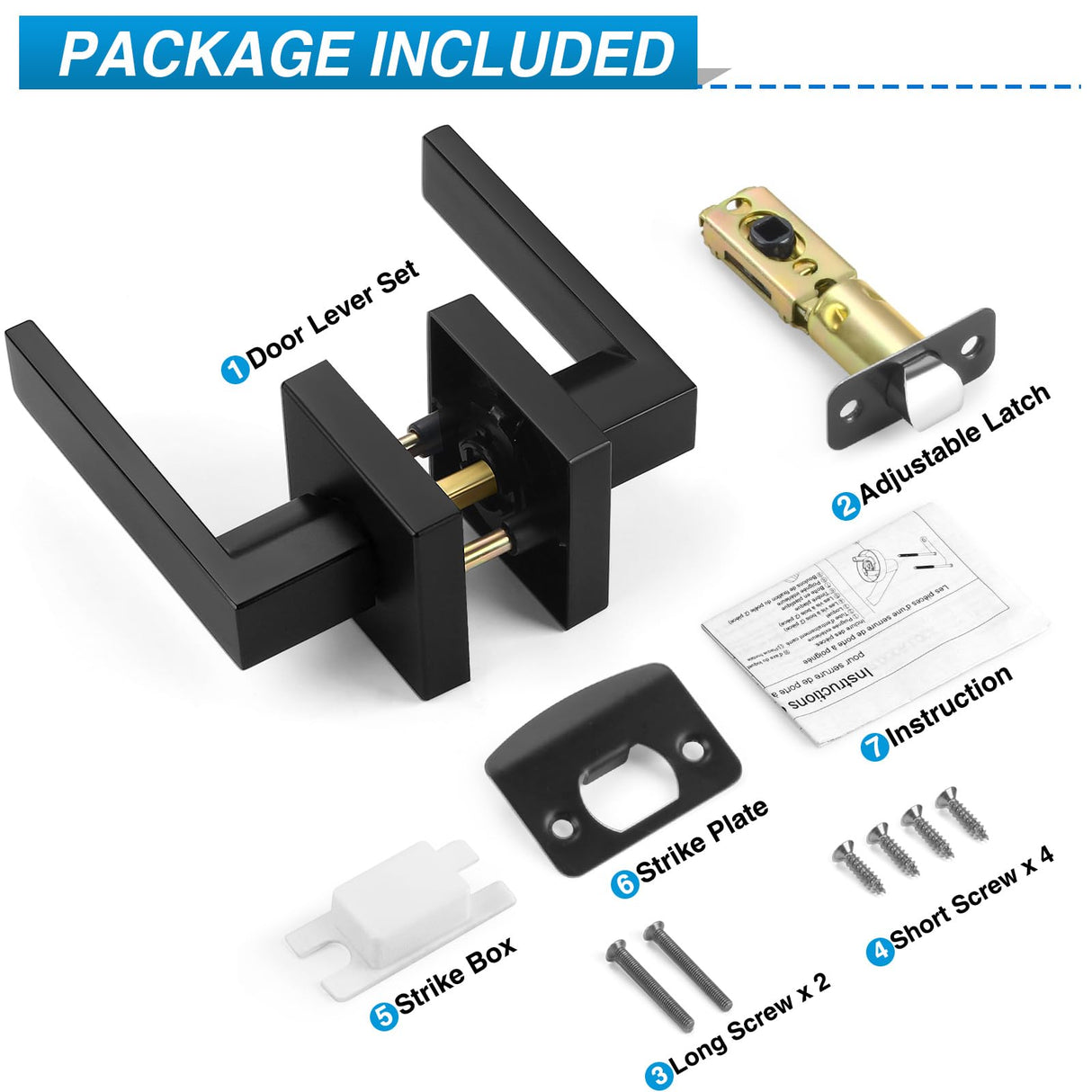 Plustool 4 Pack Black Door Handles Interior, Passage Door Levers for Hallway&Closet, Interior Closet Door Knobs Heavy Duty Square Non-Locking Handlesets(2.0lb), Reversible for Left&Right Sided Doors