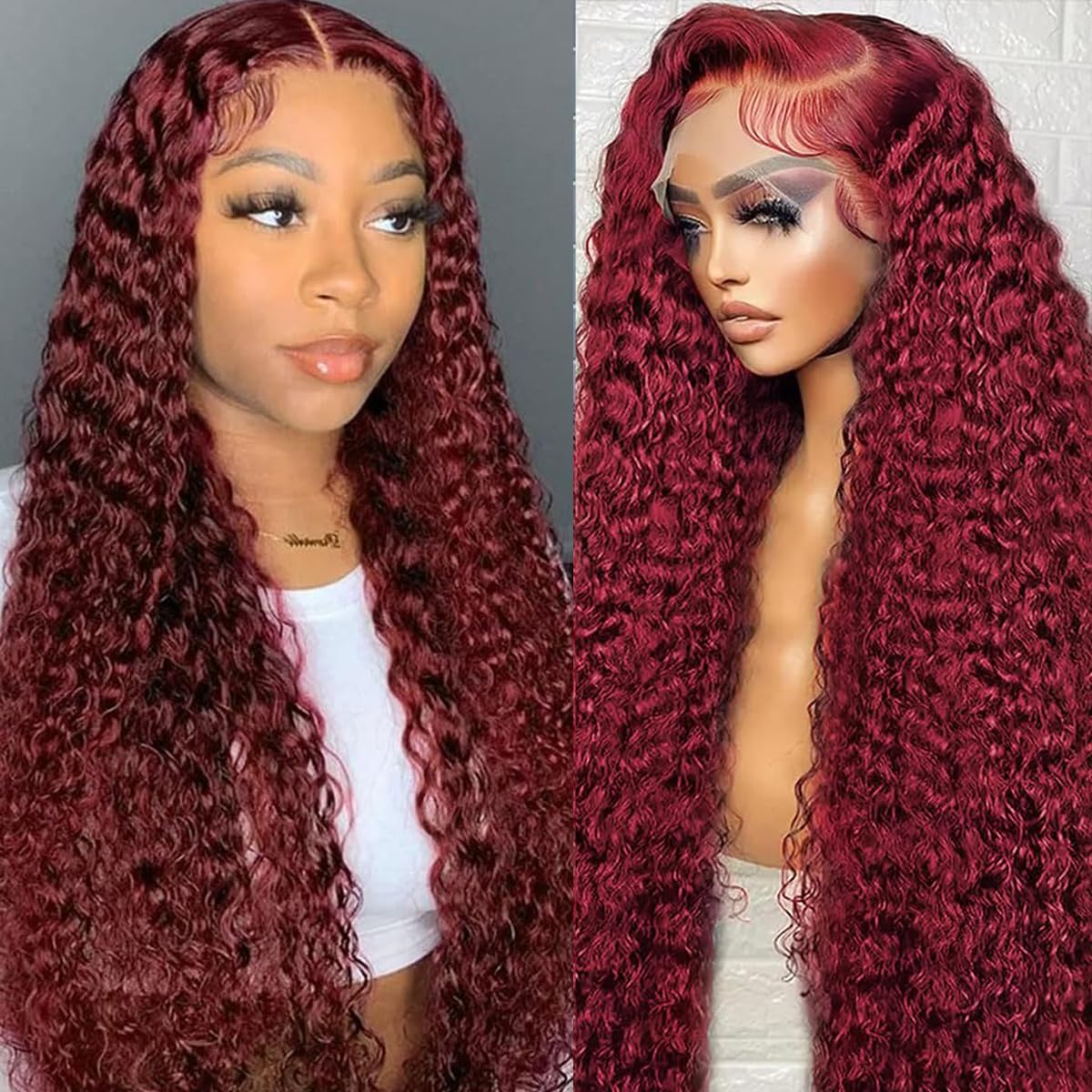 Burgundy Lace Front Wigs for Black Women 24 Inch 99J Deep Wave Wigs 13x4 Transparent Lace Frontal Wigs Glueless Wet and Wavy Red Colored Curly 100% Human Hair Wig Pre Plucked Brazilian Virgin Hair