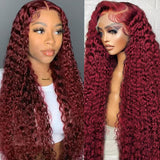 Burgundy Lace Front Wigs for Black Women 24 Inch 99J Deep Wave Wigs 13x4 Transparent Lace Frontal Wigs Glueless Wet and Wavy Red Colored Curly 100% Human Hair Wig Pre Plucked Brazilian Virgin Hair