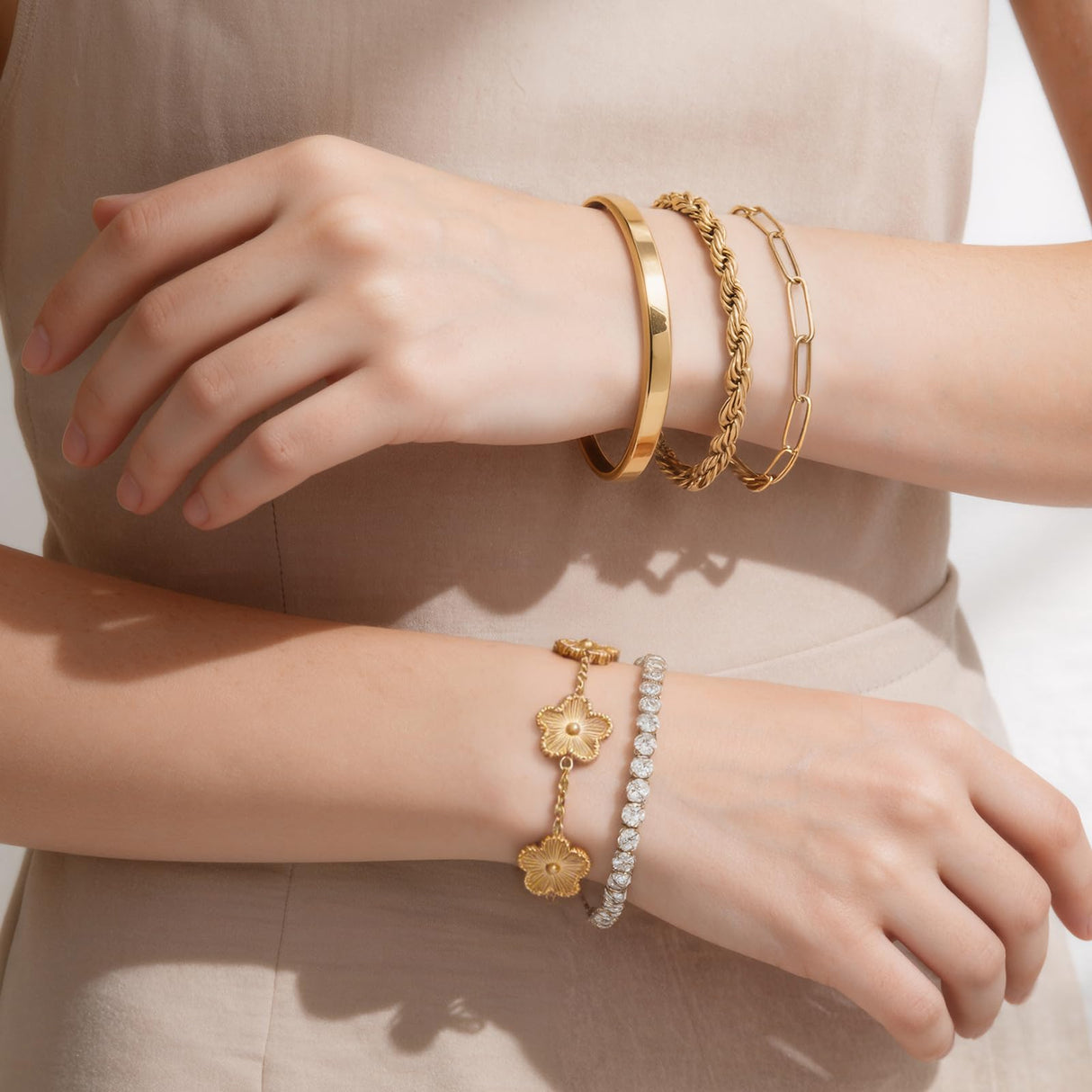 Gold Bracelets Set for Women Non Tarnish Waterproof 18K Gold Plated Lucky Floral Tennis Chunky Cuff Bracelet Tie Cuban Rope Paperclip Bracelet Stackable Trendy Fashion Accessories Stack Jewelry Gifts 5Pcs for Mothers Day Birthday(Gold)