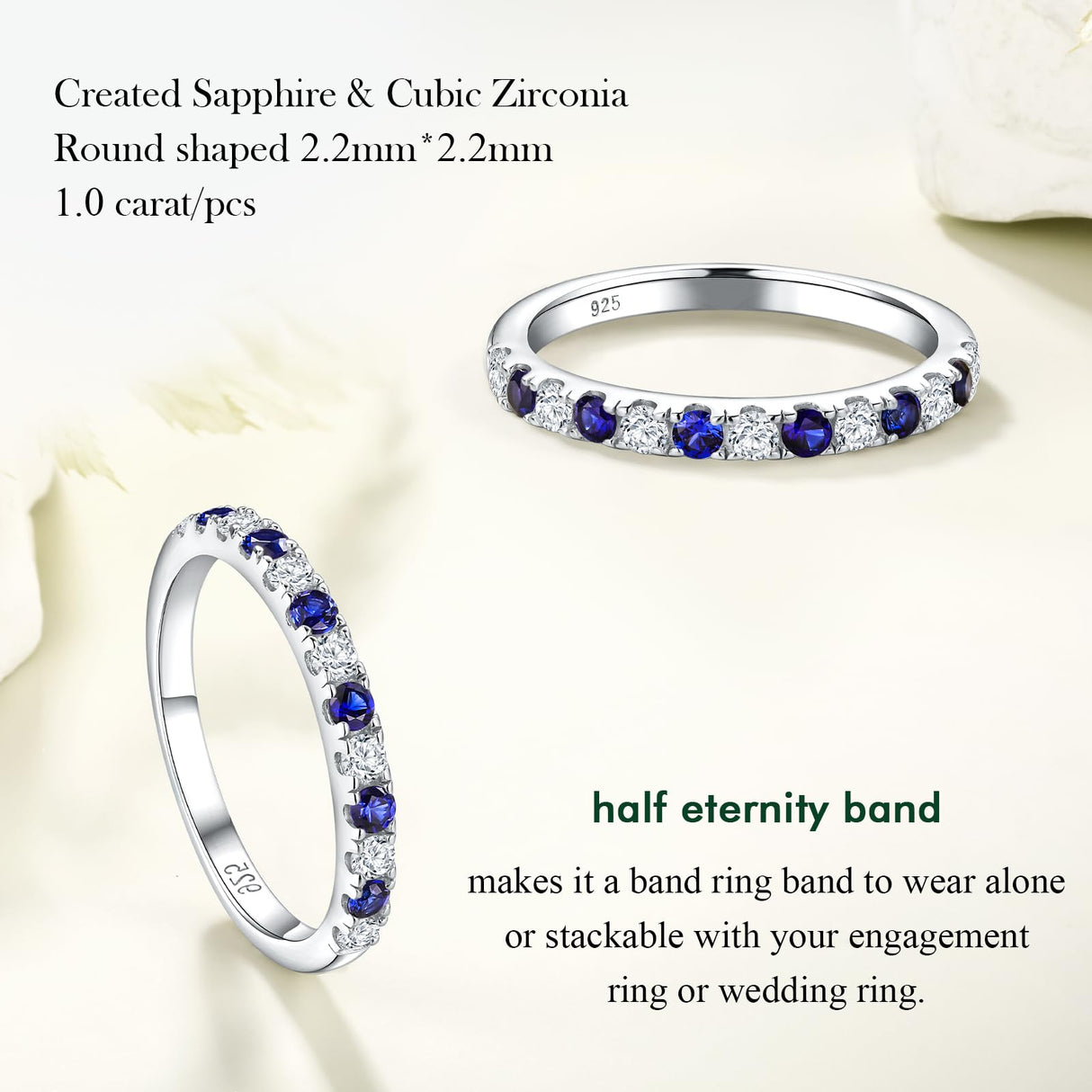 RANDES Blue Sapphire Eternity Rings for Women 925 Sterling Silver September Birthstone Ring Stackable Thin Sapphire Band Ring Size 7