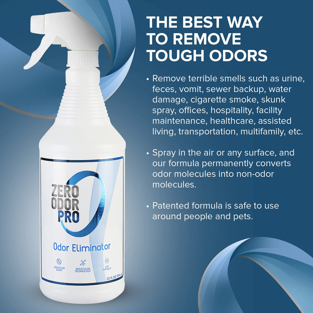 Zero Odor Pro Commercial Strength Odor Eliminator, Room Deodorizer and Air Freshener, Trigger Spray, 32 oz, White/Blue