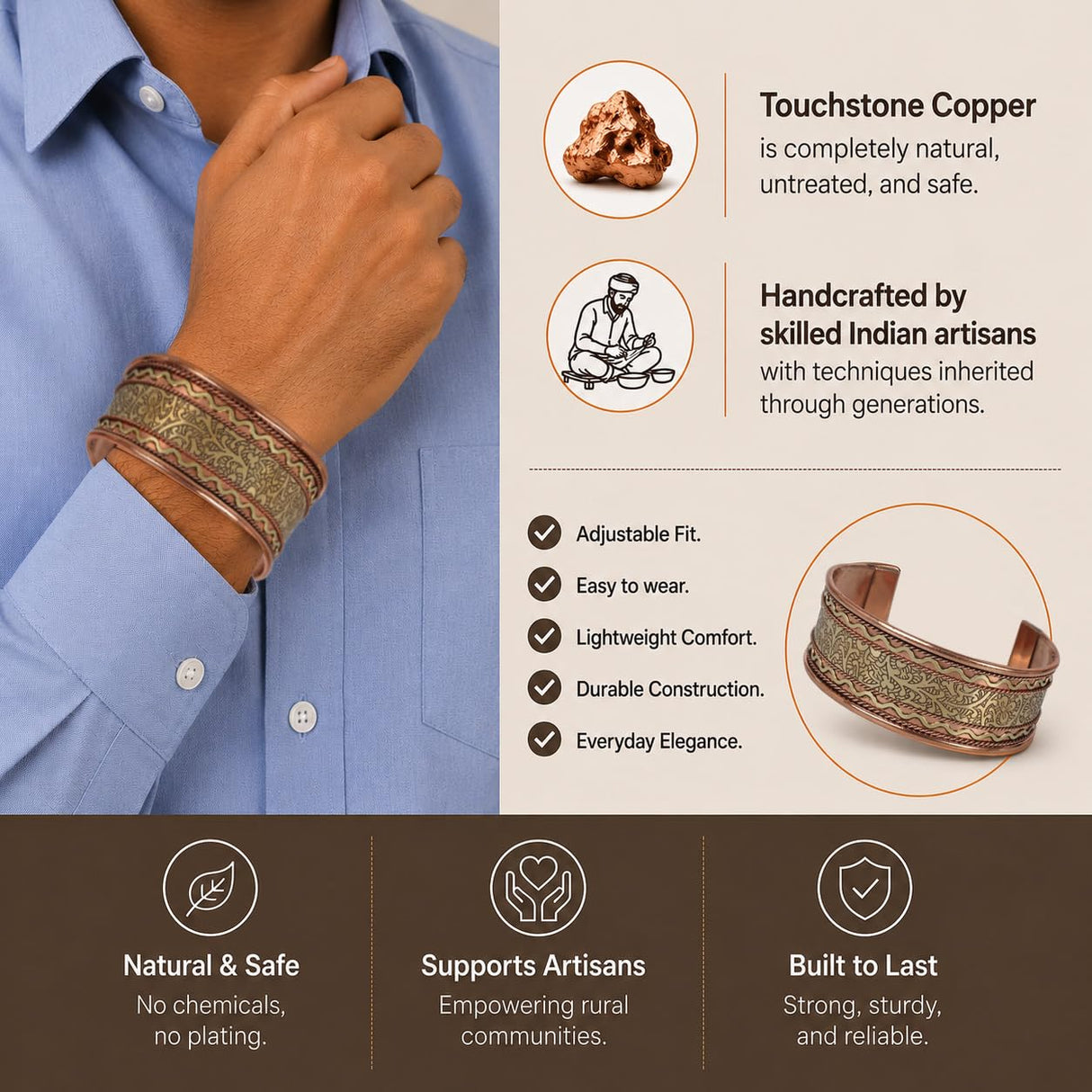 Touchstone 100% Pure Copper Cuff Bracelet, Celtic, for Women & Men