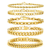 VNOX Gold Chain Bracelet for Men - 5 Pcs Solid Stainless Steel Rope/Figaro/Paperclip/Cuban Link Curb Chunky Chain Bracelet Set Wrist Band for Men Women,8.3 Inches,Mens Jewelry Gifts