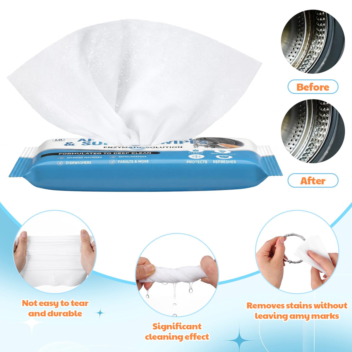 6 Pack 60 Pcs Home Appliance Surface Cleaner Wipes Heavy Duty Wipes for Cleaning Front Loading Washing Machine, Dryer Stainless Steel Refrigerator, Glass Cooktop, Microwave, Dishwasher, Counter