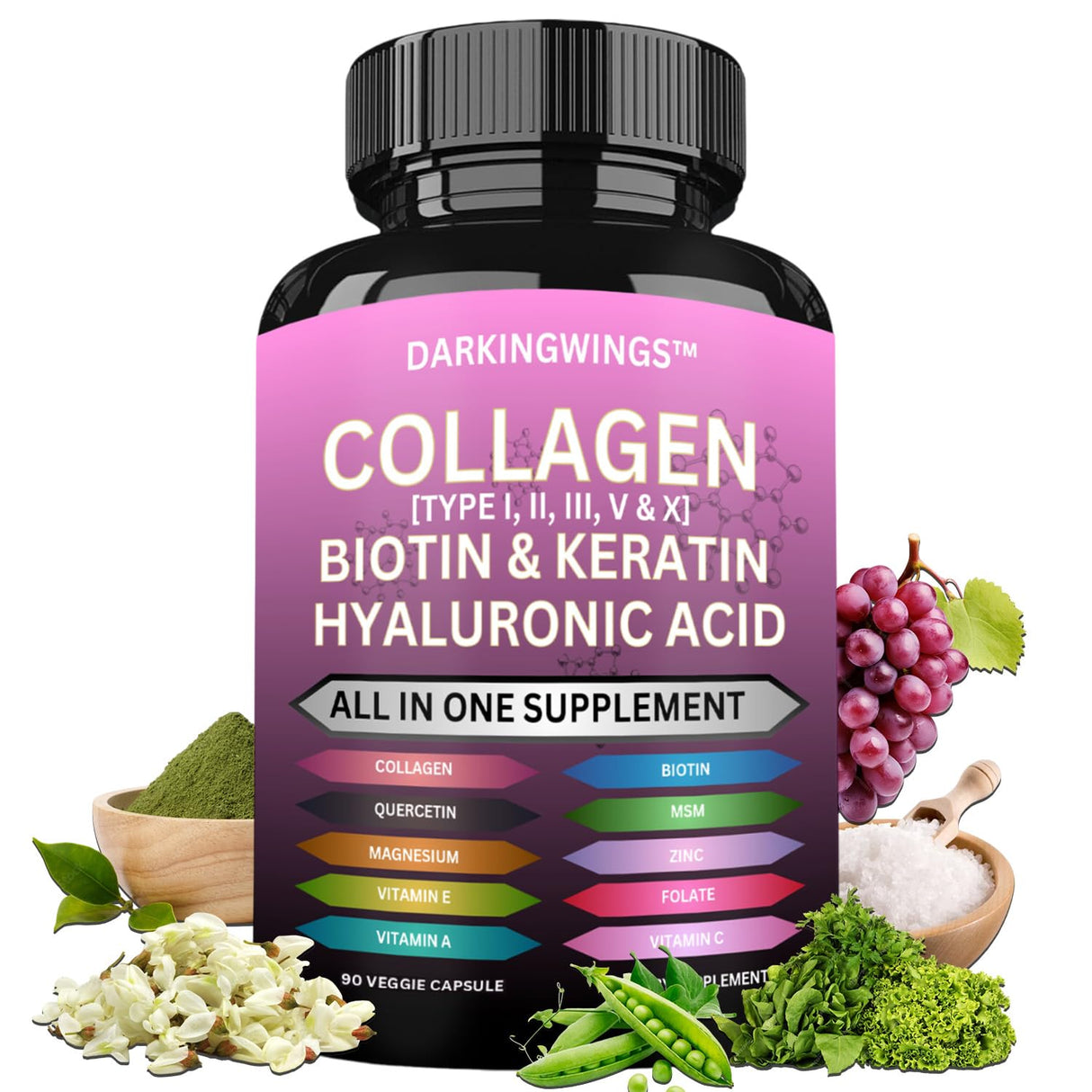 Collagen Pills Peptides Types I, II, III, V & X MCG Biotin Keratin Hyaluronic Acid MSM Vitamin A Vitamin C Vitamin E Zinc Magnesium with Grape Seed Extract, Quercetin - Hair Skin and Nails Vitamins