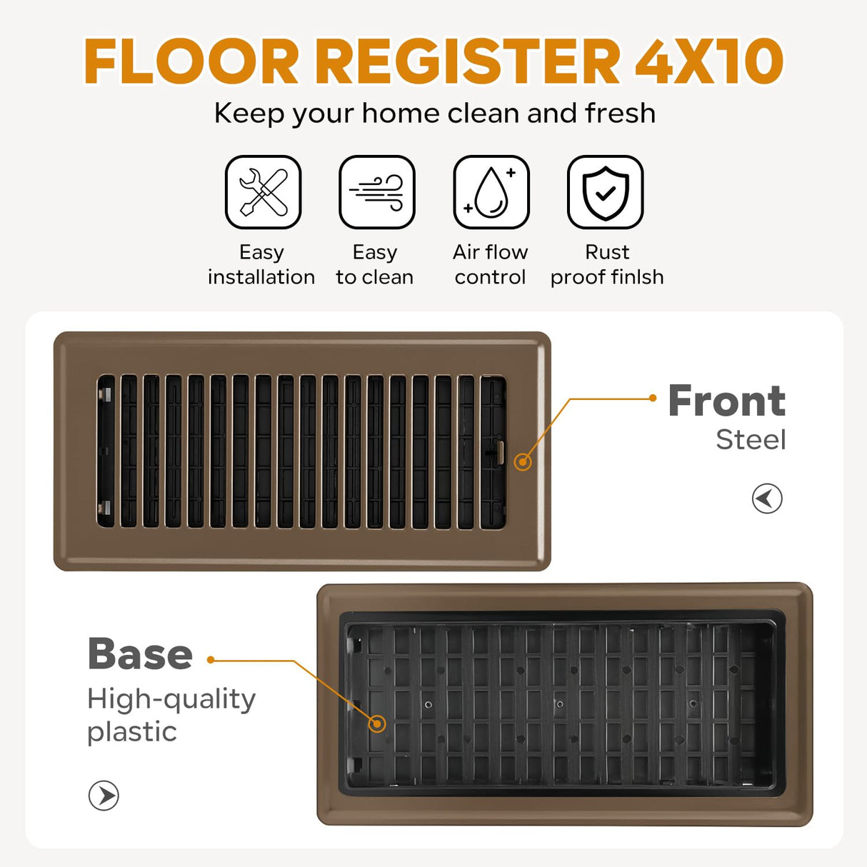 Floor Register 4x10, Floor Vent Covers, Heavy Duty Steel Walkable Floor Vents, for Sidewall and Floor, Brown 10 Pack