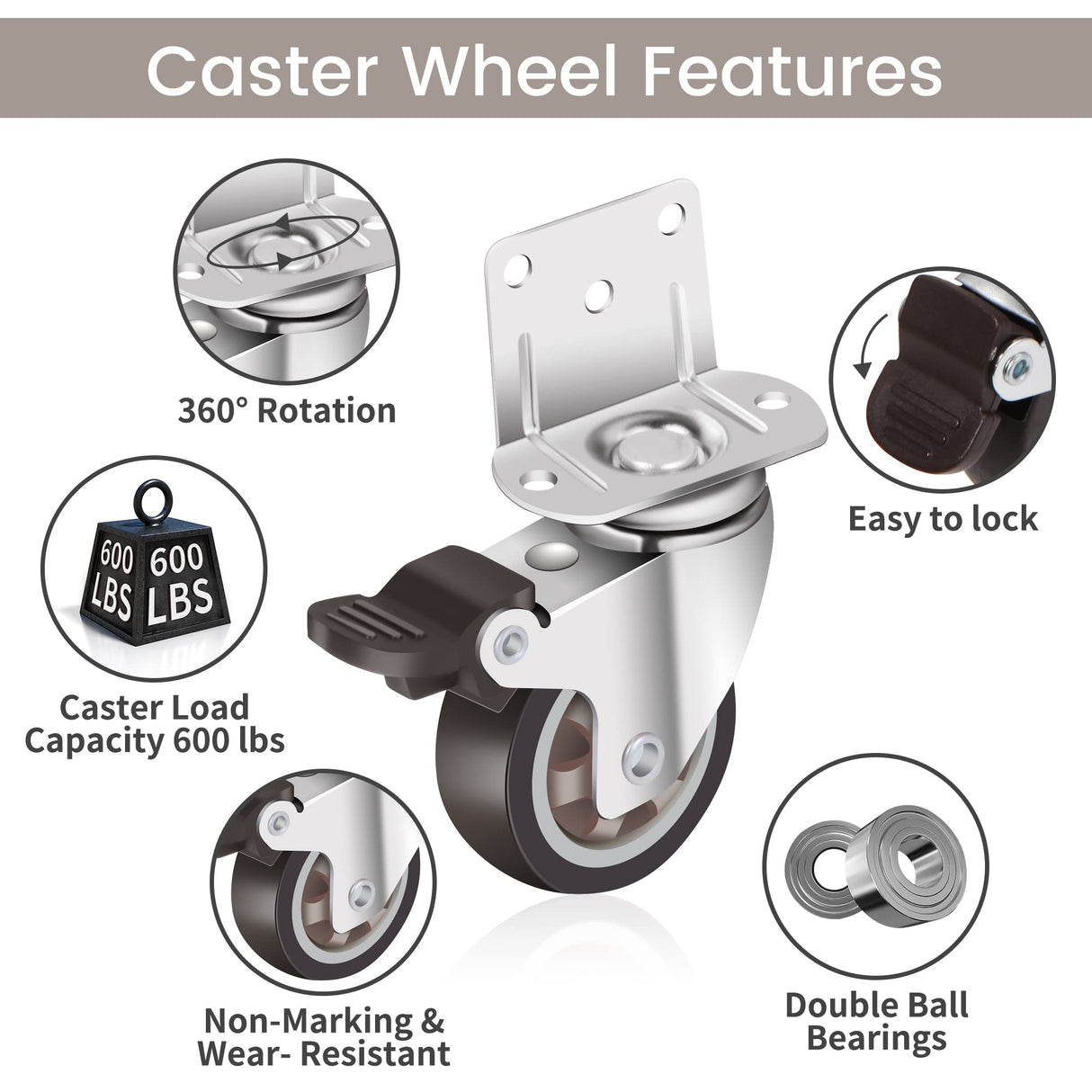 Nefish Side Mount Casters 2 Inch L-Shaped Small Rubber Caster Set of 4, Ball Bearing 360 Degree Plate Swivel Castors Wheel 600 LBS, Casters Wheels for Furniture, Baby Bed, Kitchen, Cabinet, Table