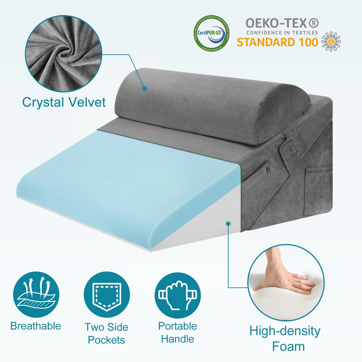 Domusensus Bed Wedge Pillow for Sleeping, 3Pcs Adjustable 9&12 Inch Fold Wedge Pillow for Sleeping,Back Pain Relief,Knee Support,Cooling Memory Foam Pillows for Acid Reflux,Snoring,Dark Grey