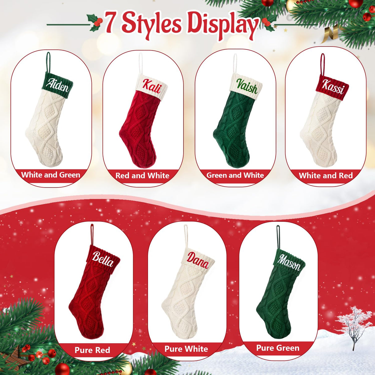 Personalized Christmas Stocking，Custom Name Family Christmas Stocking, 18” Large Knitted Xmas Stocking for Kids,Holiday and Family Stocking for Fireplace Christmas Holiday Party Decoration (3 pcs)