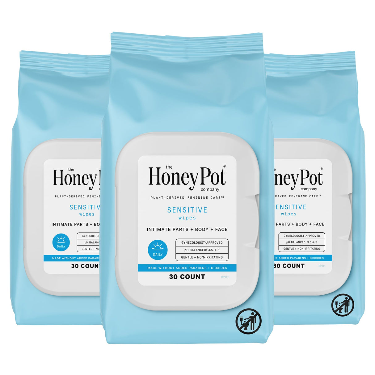 The Honey Pot Company - Feminine Wipes - Daily PH Balancing, Fragrance & Sulfate Free Wipes for Intimate Parts, Body, or Face - Hygiene Products - Sensitive 30 ct (Pack 3)