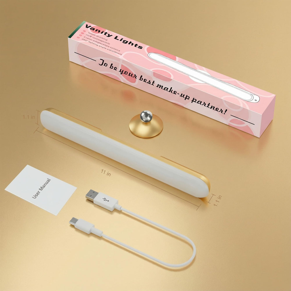 Benreom Wireless Vanity Lights for Mirror, Rechargeable Battery Operated Stick on Lamp, Adjustable Makeup Light, Cordless Magnetic LED Bar Renter Friendly Lighting Decor Gift, Gold