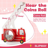 AORCMITN Wooden Fire Truck Piggy Bank for Boys Kids Girls Clear Big Belly Animal Coin Bank for Toddler Birthday Christmas Real Money Toy