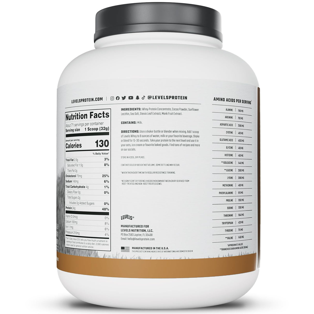 Levels Grass Fed Whey Protein Powder, No Artificials, 24G of Protein, Double Chocolate, 5LB
