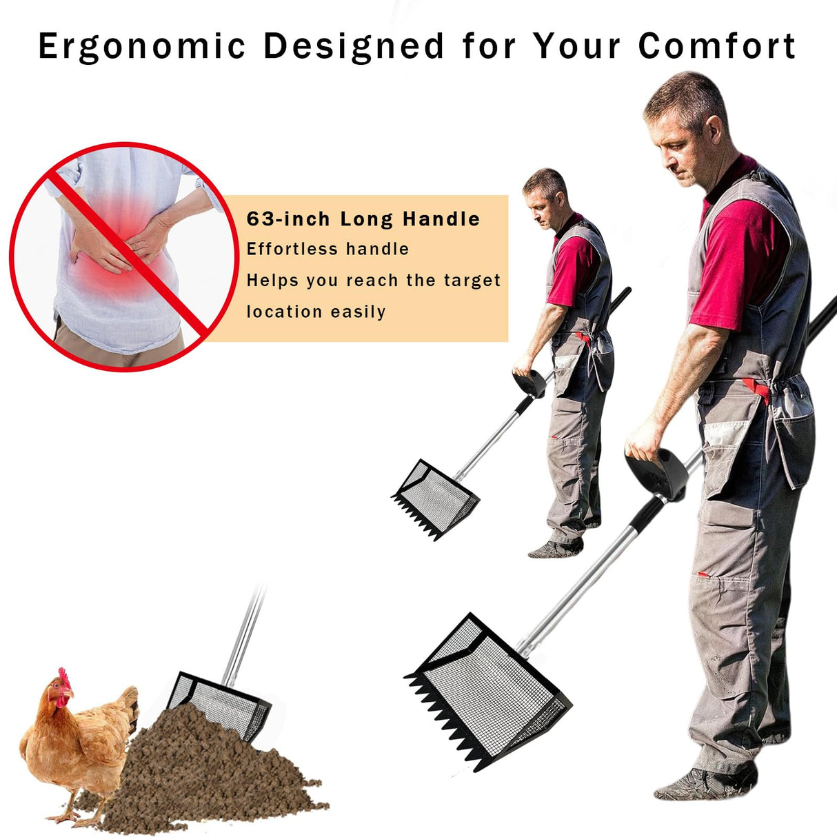 12" Metal Chicken Poop Scooper Rake for Sand with 24 to 68" Handle, Adjustable Chicken Poop Scooper for Poop,Wide 10”Poop Shovel Cleaning Tools, Heavy Duty Sifting Shovel (Black Max)