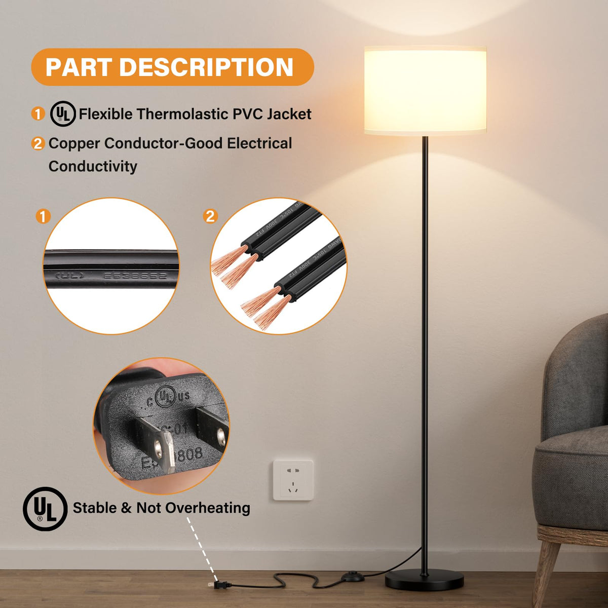 Modern Floor Lamp Simple Design with White Shade & Foot Pedal Switch